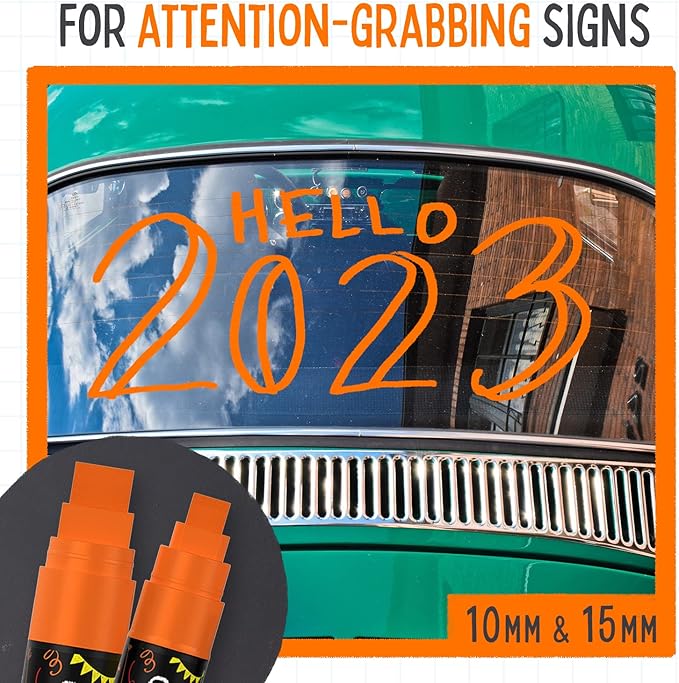 5 Orange Chalkboard Chalk Markers - Orange Dry Erase Markers for Blackboard, Chalkboard Signs, Windows, Glass | Variety Pack - Fine & Jumbo Size Ink Pen (1mm, 3mm, 6mm, 10mm, 15mm)