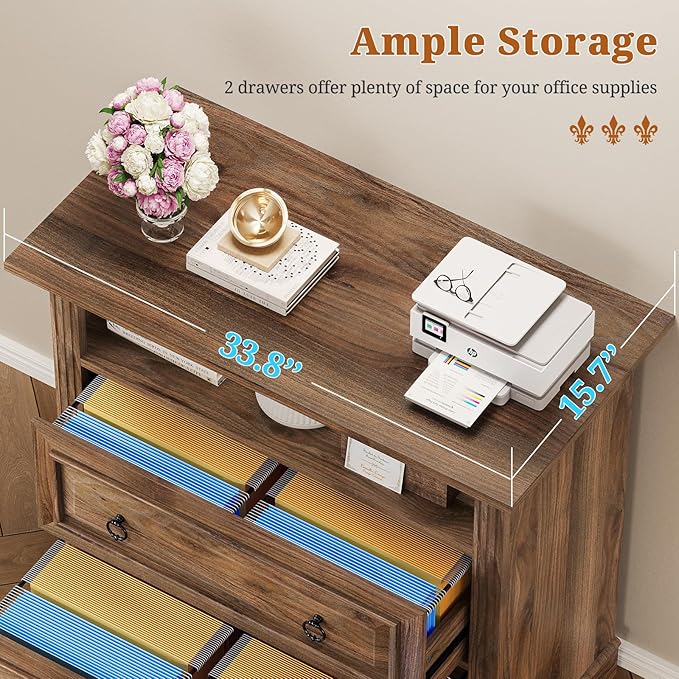 Itaar 2 Drawer File Cabinet, Farmhouse Filing Cabinet for Home Office Fits Letter, Legal, A4 Size, Wood Lateral File Cabinet with Printer Stand, Storage Shelf, Brown