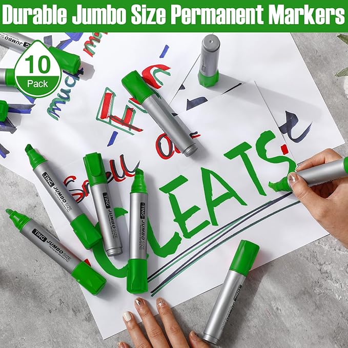 Fuutreo 10 Pack Jumbo Permanent Markers Bulk Large Chisel Tip Permanent Markers Quick Drying Waterproof Big Huge Poster Pens for Office, Logistics Company and More(Grass Green)