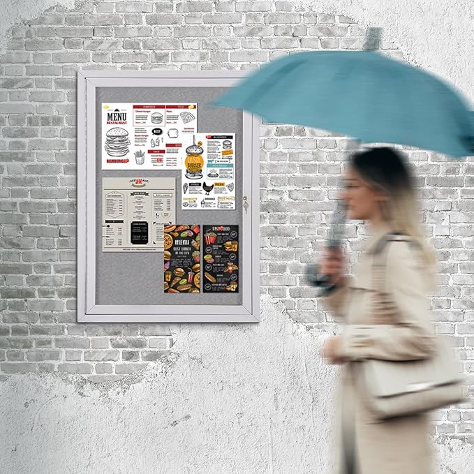 SWANCROWN Outdoor Lockable Gray Fabric Bulletin Board Shatter Resistant Display Cases Wall Mount Message Board with Swing Door,36x24 inches
