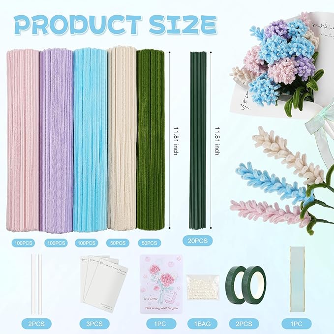 400 Pcs Craft Pipe Cleaners Flowers,5 Assorted Colors Chenille Stems Bulk with Floral Wires, Gardening Tape,Greeting Card,Bouquet Paper,Hot Glue Stick,Pearl & Ribbon,Ideals for Various Types Decor