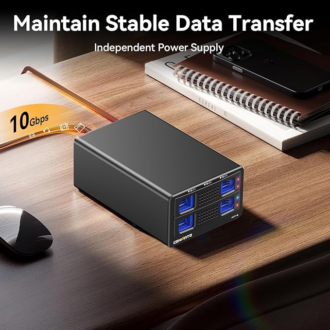 Hybrid 2.5/3.5" SATA HDD/SSD+3* M / B+M Key M.2 NVMe Enclosure with Cooling Fan and USB A/C 3.2 Gen 2 (10Gbps), Hard Drive Enclosure Support 46TB(22TB HDD+3*8TB 2230/2242/2260/2280/22110 SSDs)