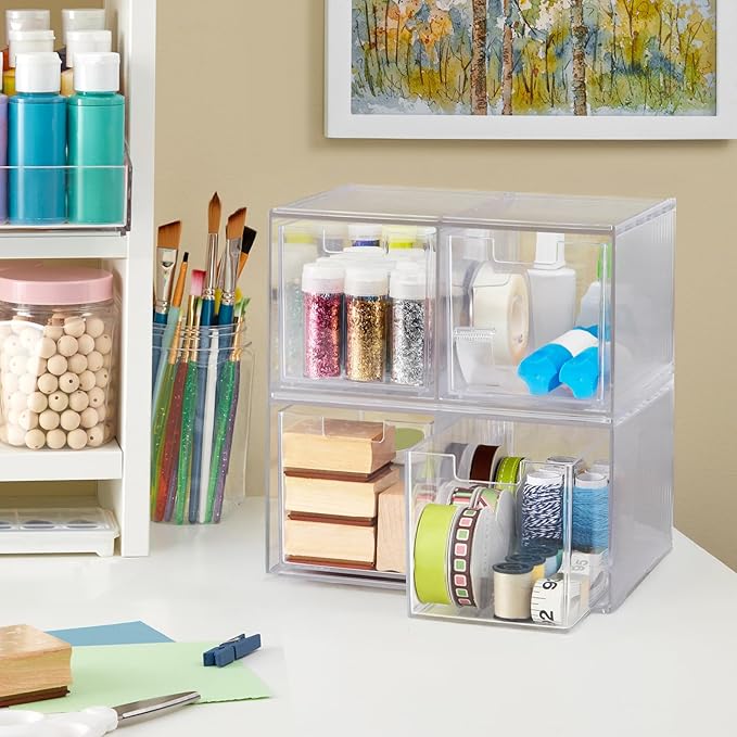 STORi Chloe Space-Saving Clear Drawer Organizer (4 Tall Drawers) Sort Office, Kitchen, Beauty Supplies, Makeup, Pens, Jewelry, Stationary, Made in USA