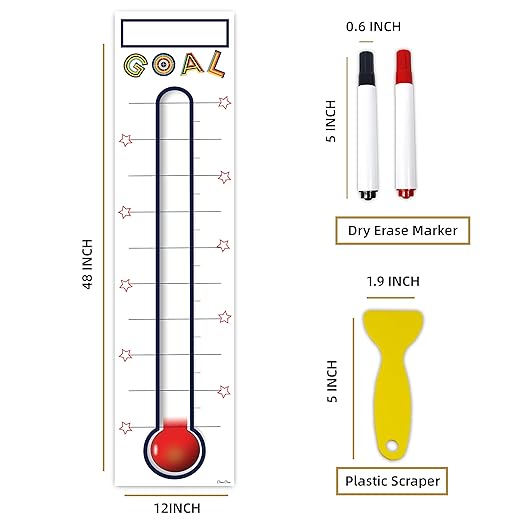 Goal Thermometer Chart Goal Tracker - 48"x12" Adhesive Dry Erase Fundraising Thermometer Sticker