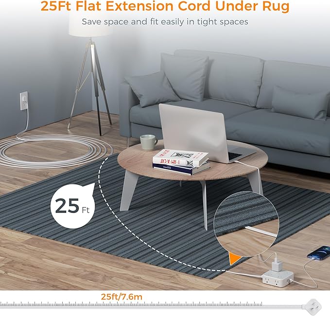 Flat Plug Long Extension Cord 25 Ft, TESSAN Power Strip Surge Protector with 8 Outlets 3 USB Ports (1 USB C), 900J Protection Desktop Charging Station for Home, Office, Dorm Room Essentials