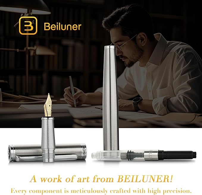 BEILUNER Luxury Fountain Pen Set, Solid 24K Gilded Medium Nib, Silver Stainless Steel Body- Includes 6 Ink Cartridges & Ink Refill Converter with Gift Case - Nice pen for Men and Women