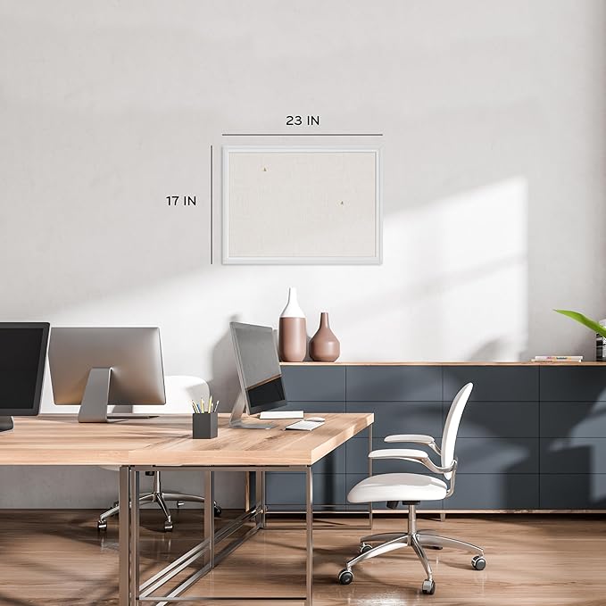 U Brands Farmhouse Linen Bulletin Board, 23"x17", White Wood Style Frame, Industrial Grade Pinning Surface