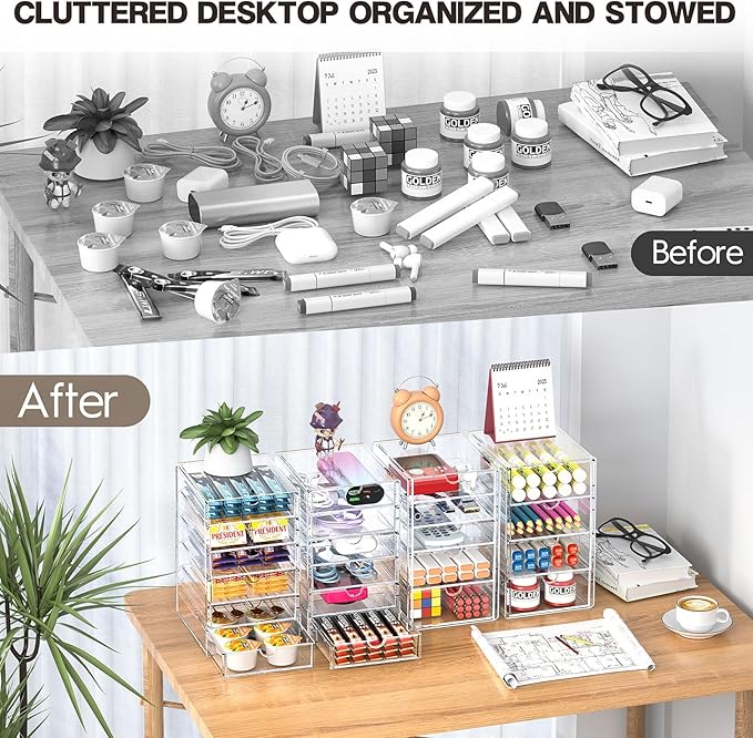 Acrylic Drawer Organizers - 21 Drawers 4 Set - Clear Storage Drawers for Office Supplies - Stackable Makeup Organizer - Dustproof Desk Organizers for Makeup, Jewelry, Pen, Stationary