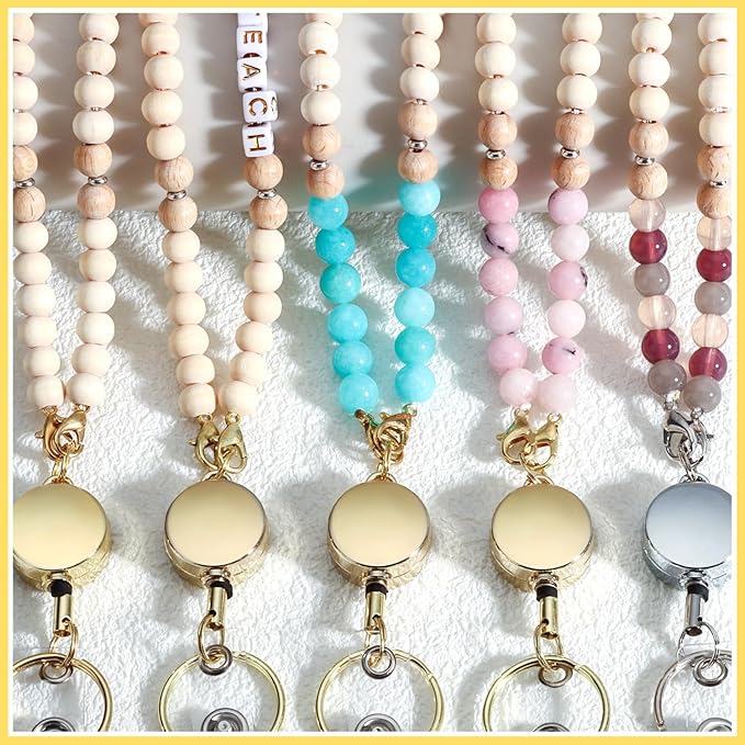 Teacher Lanyard with Id Holder, Cute Lanyards for Id Badges Keys, Retractable Natural Wooden Beaded Lanyard for Women, Gold Teach