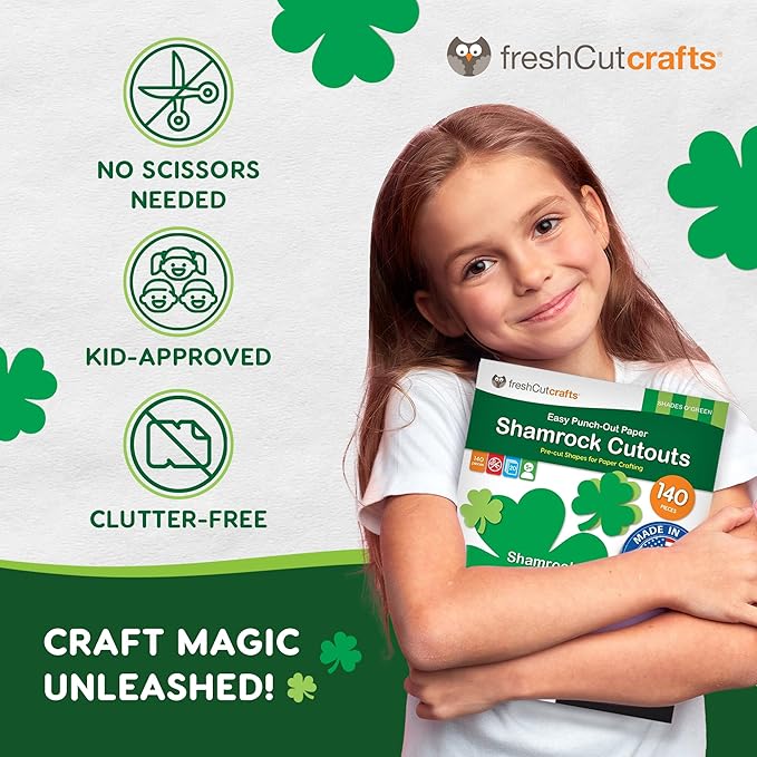 FreshCut Crafts 140 Piece Shamrock Cutouts Set: Pre-Cut Green Irish Clover Shapes for School Supplies, Decorating Themed Events Bulletin Board & St. Patrick's Day Decor, US Made Quality Card Stock