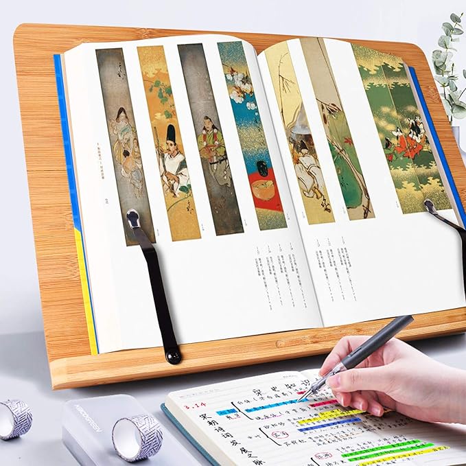 wishacc Book Stand XL-Large Size 15.4" x 11.0" Main Board-Adjustable Foldable Book Holder with Page Holder Clips - Holds Cookbooks, Receipe Books, Textbooks, Tablets, Laptops, Music Books, Documents