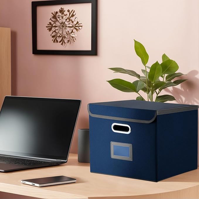 File Organizer Box with Lid, Collapsible File Folder with Plastic Slide for Office/Decor/Home, Hanging Office Document Storage, 14.9 6x 12.6 x 10.83 inch，1 pack - without folders,Blue