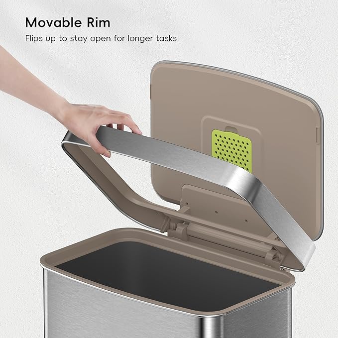 EKO Hudson Matte Stainless 50 Liter/13.2 Gallon Step Trash Can with Rear Trash Bag Storage Compartment