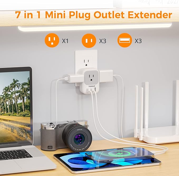 USB Charger Block, TESSAN Wall Plug Adapter with Electrical 4 Box Splitter 3 USB Wall Charger Ports, Multi Plug Outlet Extender Charging for Cruise, Travel, Office, Dorm Essentials
