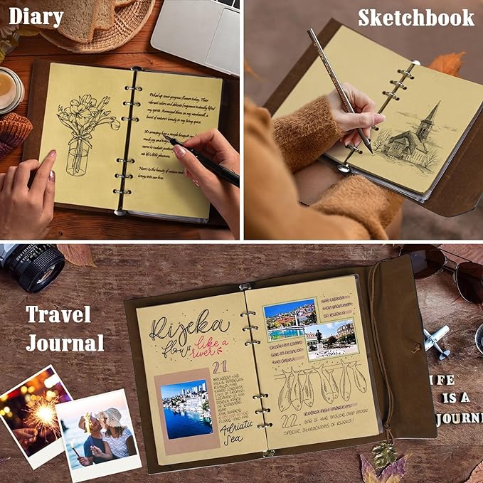 Leather Journals Notebooks with Blank Pages, Vintage Refillable Journal for Writing, Personal Travel Diary Art Sketchbook to Write in, Gifts for Women, Men, Teen Girls and Boys, 160 Pages A6 (Blue)