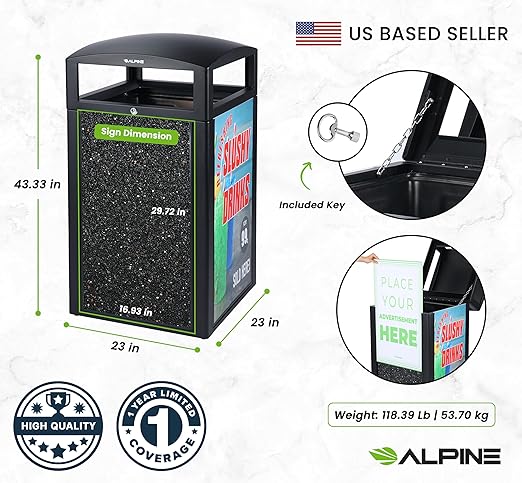 Alpine Outdoor Commercial Trash Can with Lid - 40 Gallon Heavy Duty Metal Garbage Can with Advertising Panels, Removable Bin, Locking Lid for a Modern Look in Pool, Park, Mall (Grey Stones)