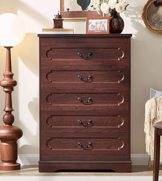 LIDYUK 5 Drawer Dresser for Bedroom Farmhouse Cherry Wood Chest of Drawers for Bedroom Dresser, Rustic 46" Tall Wide Drawers Dressers Wooden Closet Storage Cabinet, Hallway, Living Room