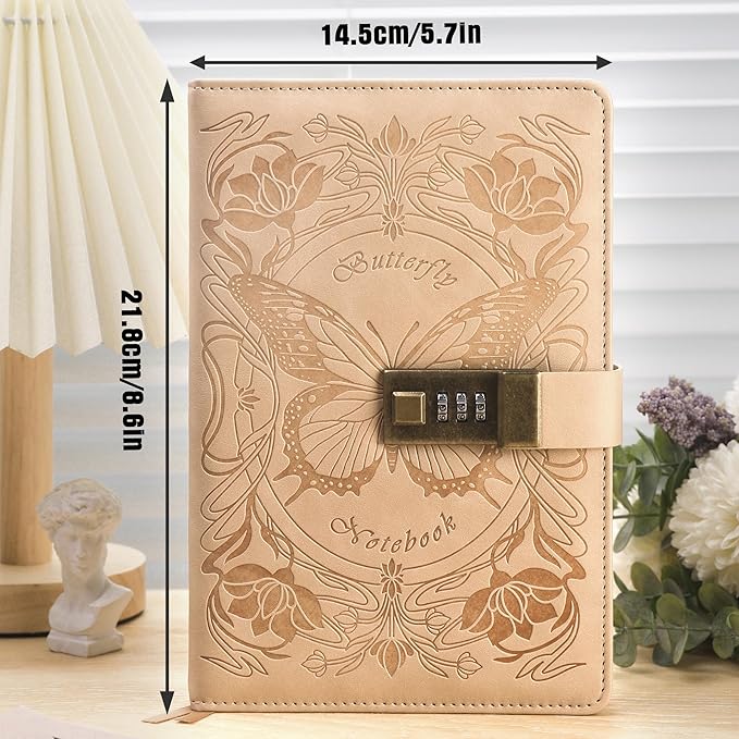 TIEFOSSI Diary with Lock for Women Girls, Lined Locked Journal, Butterfly Journal Notebook with Pen and Bookmark, A5 Refillable Locking Journals for Writing, 224 Numbered Pages