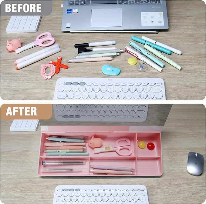 SELEAD Desktop Glass Whiteboard with Organizer & Built-in Mirror - Small Dry Erase White Board Computer Pad Keyboard Stand with Markers, Eraser, Holder for Women Girls - Pink