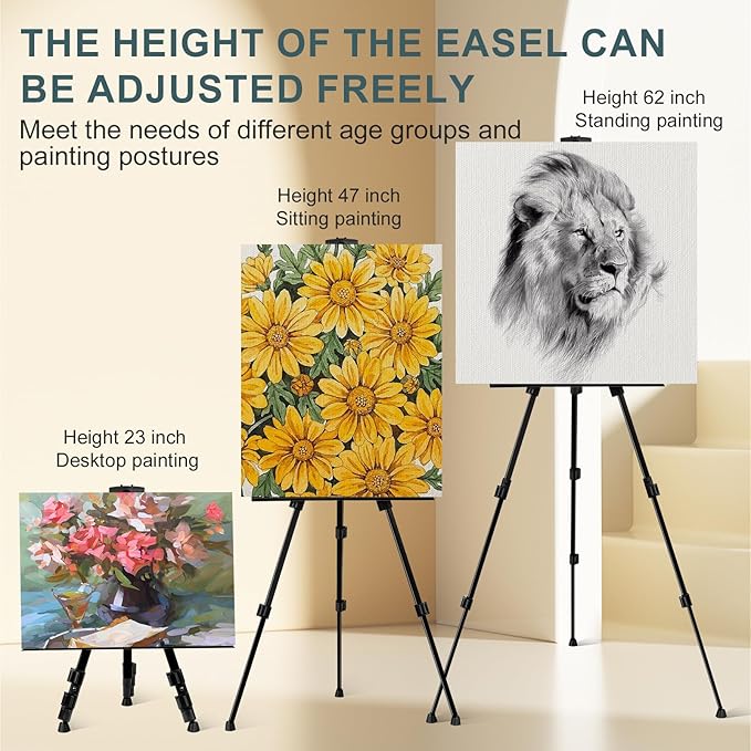 AROIC 4 Pack Art Painting Display Easel Stands,Portable Adjustable Aluminum Metal Tripod Artist Canvases Height from17 to 66 Inch Extra Sturdy forTable-Top/Floor Painting. Black with 4 Storage Bag
