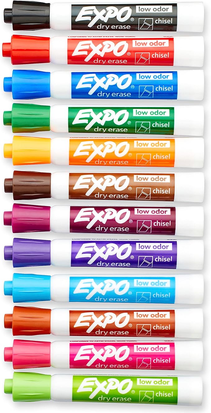 EXPO Low Odor Dry Erase Markers, Chisel Tip, Assorted Colors, 16 Count