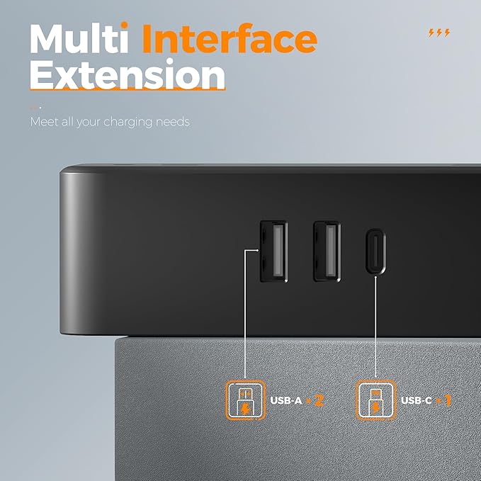 Black Extension Cord 5 Ft, Flat Surge Protector Power Strip with 4 Wide Spaced AC Outlets with 3 USB Ports (1 USB C), Ultra Thin Flat Plug with Surge Protection Desktop Organizers and Accessories