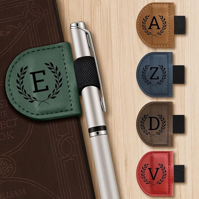 Personalized Bygone Mark Bookmark with Pen Holder,Engraving Leather Magnetic Bookmarks Vintage 26 Letters Name Initials Text Book Marker Clips Gifts for Reading Book Lovers Women (Brown, K)
