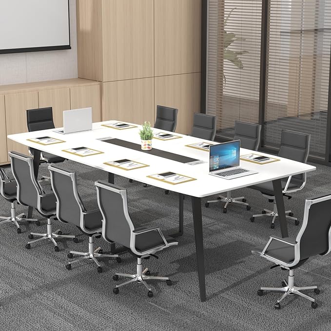 Loomie 8FT Conference Table, 94.49" L x 47.24" W x 29.53" H Meeting Seminar Table with Grommet, Large Boat Shaped Computer Desk, Boardroom Desk for Office Meeting Conference Room,White