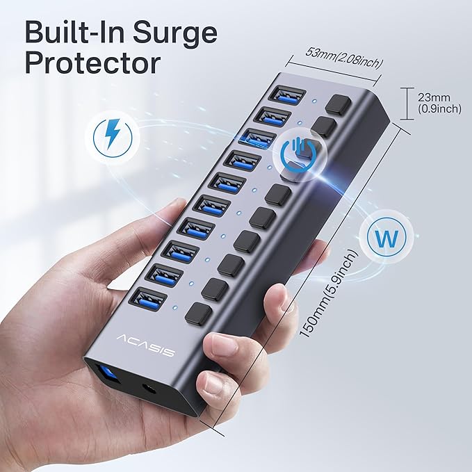 ACASIS Powered USB Hub,10 Ports USB 3.1 Hub with 10Gbps Data Speed, Individual On/Off Switches, 12V4A 48W Power Adapter, USB Hub 3.1 Powered for MacBook, Mac Pro/Mini, Surface Pro Laptop/PC