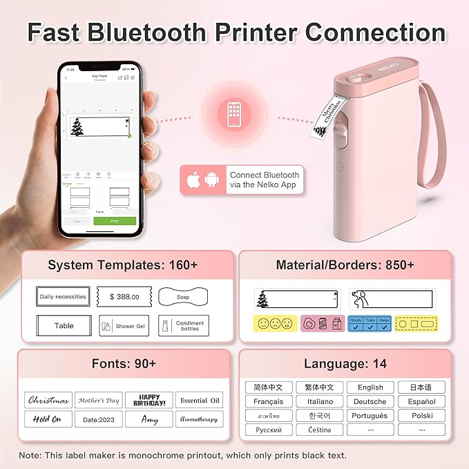 Nelko Label Maker Machine with Tape, P21 Bluetooth Label Printer, Wireless Mini Label Makers with Multiple Templates for Organizing Office Home, Pink