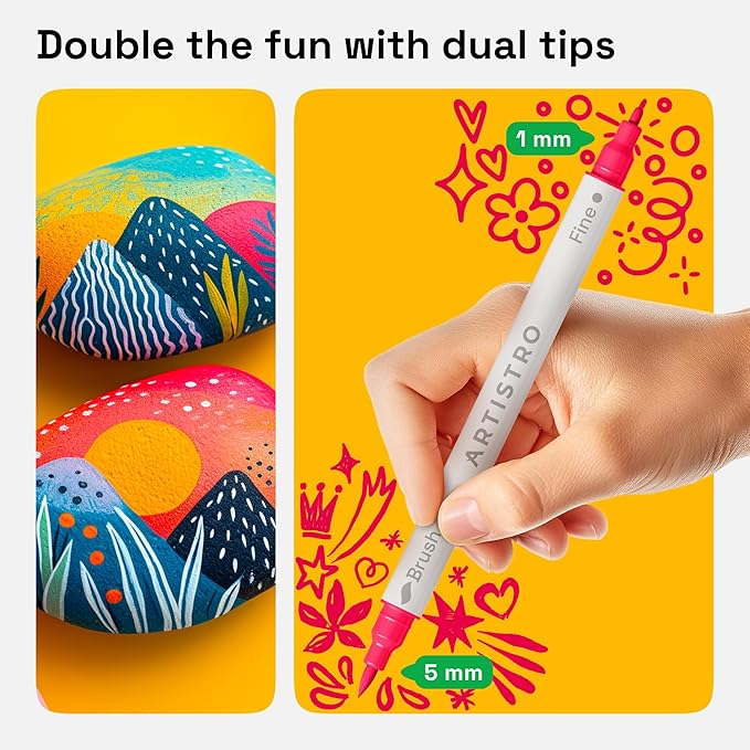 ARTISTRO 36 Dual Tip Fabric Markers - Acrylic Drawing Markers for All Ages & Levels - Fabric Paint Pens for Personalizing Clothes, T Shirts, Bags, Canvas, Textiles (Brush + Fine)