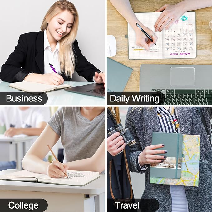 EMSHOI A5 Graph Paper Notebook - 256 Pages PU Leather Hardcover Journal, 120gsm Thick No-Bleed Grid Paper Notebook for Women Men Work School Math Engineering, 5.75" x 8.38" Khaki
