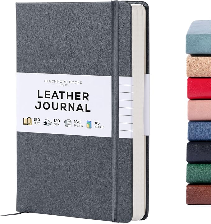 BEECHMORE BOOKS Lined Journal Notebook, 5.8 x 8.3 inch, A5 160 Lined Pages, Hardcover Leather Journals for Women, Men, Writing and Notebooks for Work - 120 GSM Thick Paper, Gifts Box Included