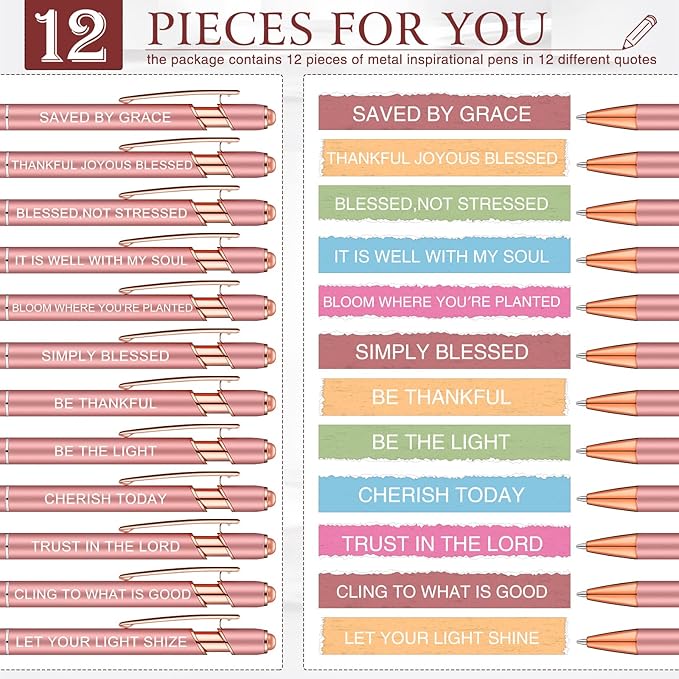 Zonon 12 Pieces Inspirational Pens Bulk Easter Basket Stuffers Motivational Quotes Ballpoint Pens with Stylus Tip Inspirational Gifts for School Office Teachers(Rose Gold,Bible Style)