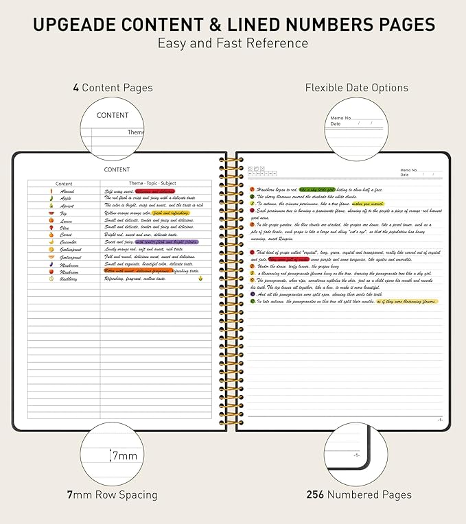 A4 Spiral Notebook Journal 8.5” x 11”, 256 Numbered Pages Hardcover Leather Journals for Women Men, Large Lined College Ruled Notebooks, 100GSM Thick Paper, Spiral Bound Journal for Work School, Black