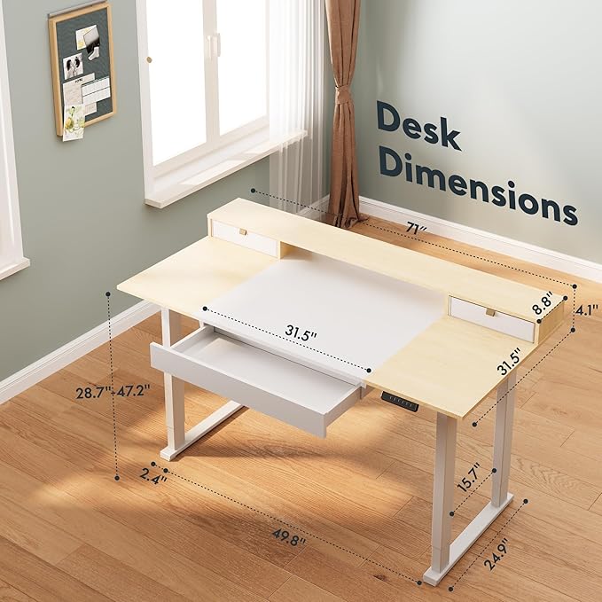 SANODESK Electric Standing Desk with Drawer, 71 x 32 inch Height Adjustable Computer Desk, Home Office Stand Up Desk with 4 Preset Heights, White