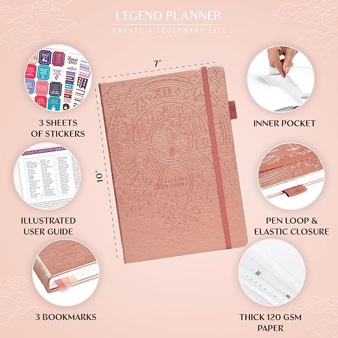 Legend Planner PRO – Deluxe Weekly & Monthly Life Planner to Increase Productivity and Hit Your Goals. Time Management Organizer Notebook – Undated – 7 x 10" Hardcover + Stickers – Rose Gold