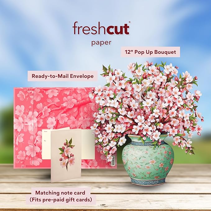 Freshcut Paper Pop Up Cards, Japanese Cherry Blossoms, 12 Inch Life Sized Forever Flower Bouquet 3D Popup Greeting Card, Birthday Cards, Valentine's Day Card, Blank Notecard & Envelope