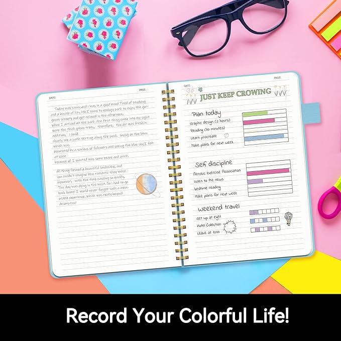 Alltree Lined Journal Notebook, Spiral Notebook for Work, Hardcover Spiral Notebook with Tabs, Pen Loop, Pocket, Stickers, 160 Pages, Journal for Women & Men, Sky Blue(6"x8.5")