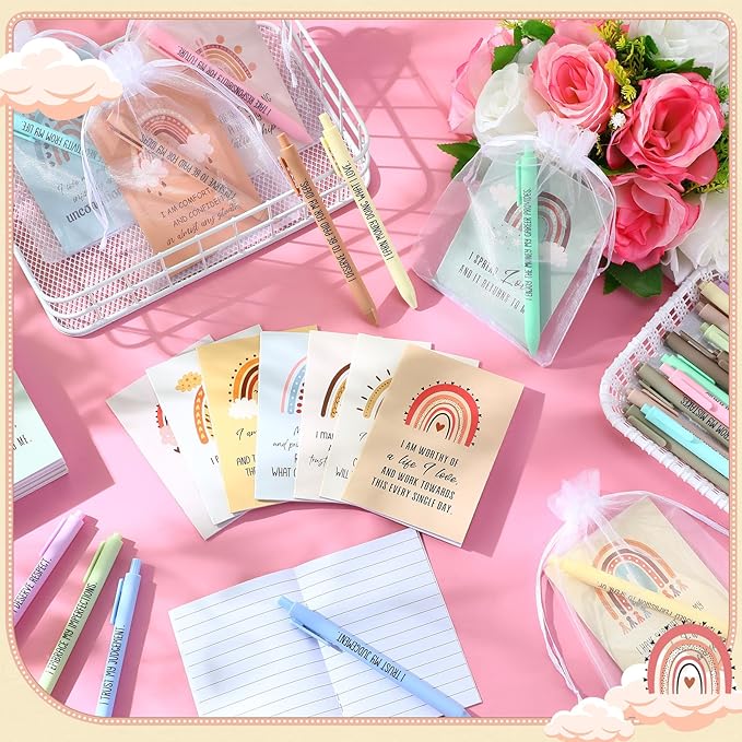 24 Set/48 Pcs Positive Affirmation Gift Set Gratitude Notebooks with Pens Small Bags Motivational Encouragement Notepads Daily Affirmations Journal for Women Stress Relief Self Care (Cute)