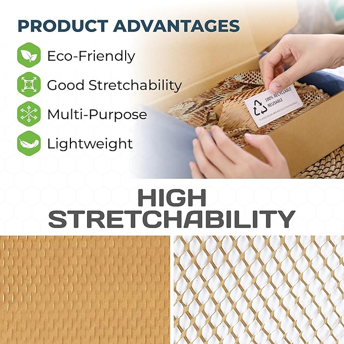 HexaFil Mini - Honeycomb Packing Paper, Eco-Friendly, Sustainable Filler for Shipping & Moving, Cushioned Packing Material in Dispenser Box, Alternative to Bubble Wrap - Natural, 12" x 850'