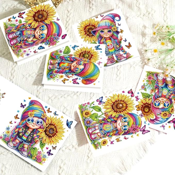 6 Pcs 5D Diamond Painting Greeting Cards Kits, Handmade Festival Greeting Cards with Envelopes DIY Diamond Art Crafts Birthday Cards Holographic Shimmer Design for Birthdays Holidays (Sunflower Happy)