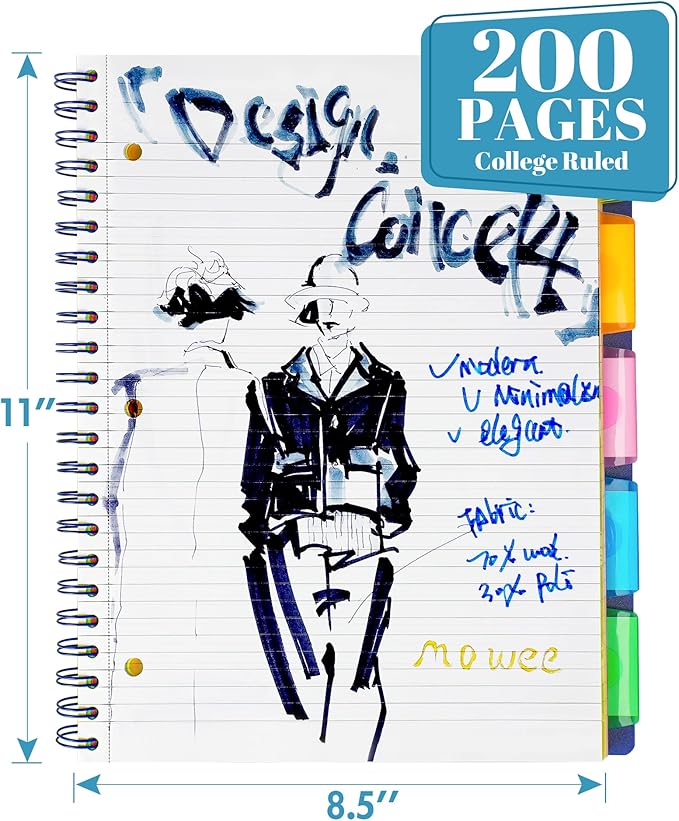 5 Subject Notebook - Spiral Notebook, College Ruled Notebook With Dividers Pocket, Tabs, 11" Ruler, 200 Pages, for Writing Journal, Home & Office, School Supplies, 8.5''x11'' Lily White
