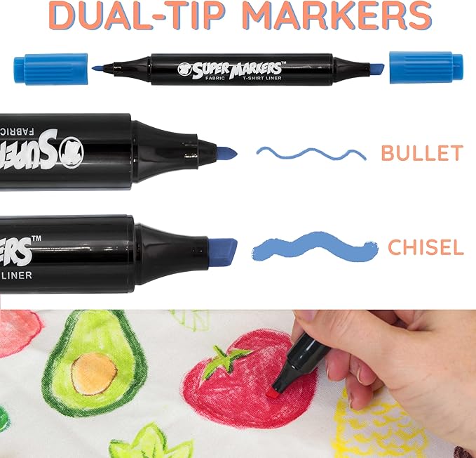 U.S. Art Supply Super Markers 20 Unique Colors Dual Tip Fabric & T-Shirt Marker Set-Double-Ended Fabric Markers with Chisel Point and Fine Point Tips - 20 Permanent Ink Vibrant and Bold Colors