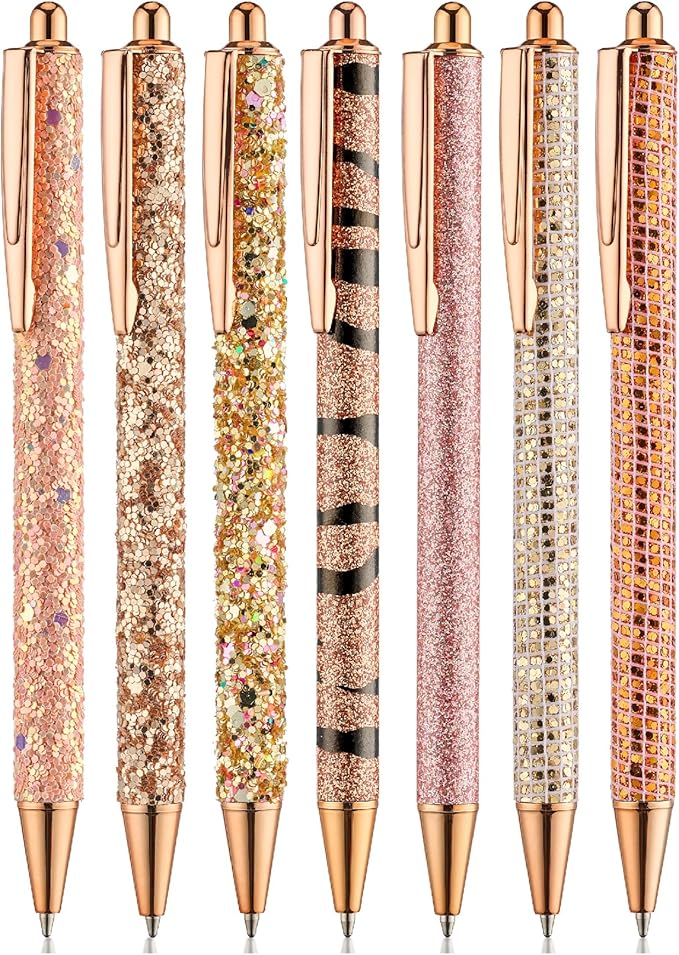 Mr. Pen- Fancy Pens for Women, 7 Black Ink Ballpoint Pens with 10 Refills, 1.0mm, Rose Gold Reverie, Glitter Cute Pens for Journaling, Sparkly Fancy Pen, Easter Gift
