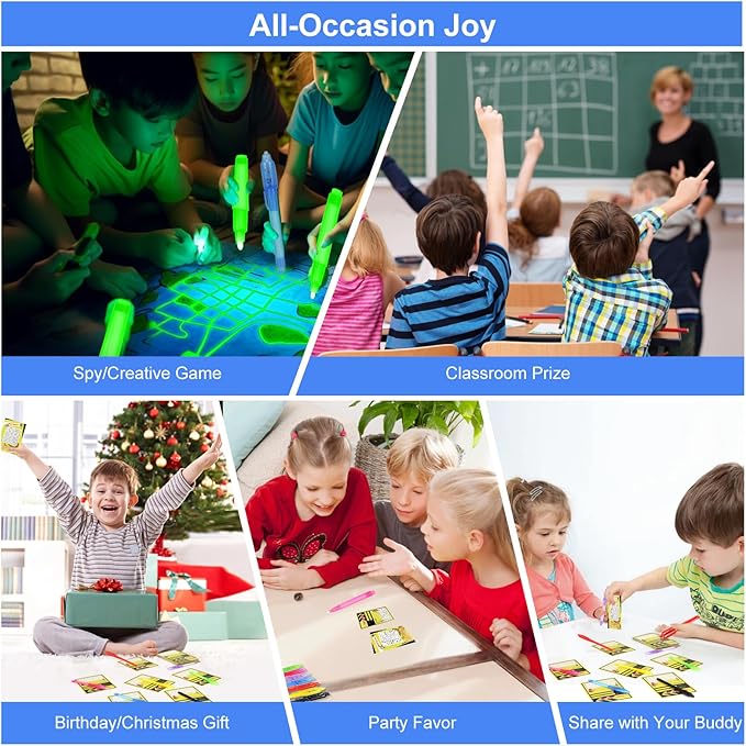 28 Pcs Invisible Ink Pens with UV light for kids, Word Search & Maze Activities Cards Included, Education & Party Favors, End of School Year Gift, Birthday,Halloween, Christmas, Goodie bag stuffers