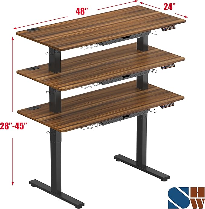 SHW 48-Inch Electric Height Adjustable Standing Desk with Drawer, Memory Preset and Cable Management Tray, Walnut