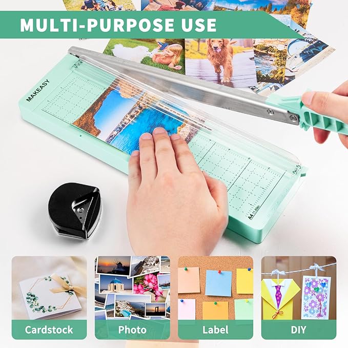 MAKEASY Paper Cutter 12 Inch, Guillotine Paper Cutter with 8 Sheet Capacity, Heavy Duty Paper Cutter for Cardstock, Paper Trimmer for Crafting, Classroom and Office, Green