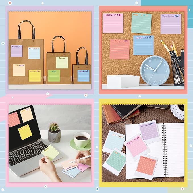 Yinder 24 Pcs Inspirational Sticky Notes with Lines Cute Motivational Sticky Notes Pad Employee Appreciation Gifts Bulk for Teacher Nurse Coworkers Office Supplies 3 x 3''(Light Color,Thankful)