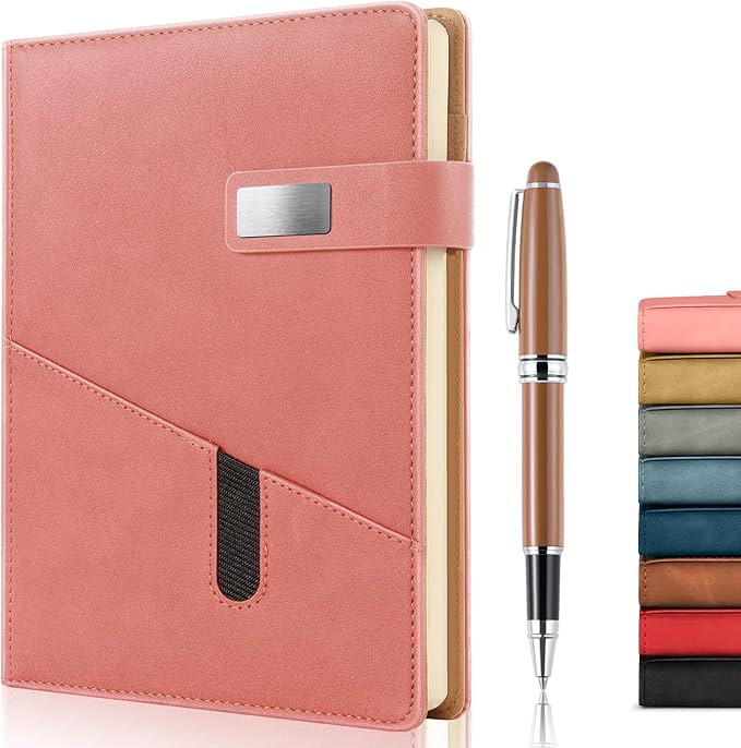 A5 Lined Leather Journal with Pen, 240 Pages Refillable Hardcover Notebook with Pocket and Magnetic Buckle, 80gsm Thick Daily Diary for Men and Women, Great Gift for Business Travel Personal - Pink